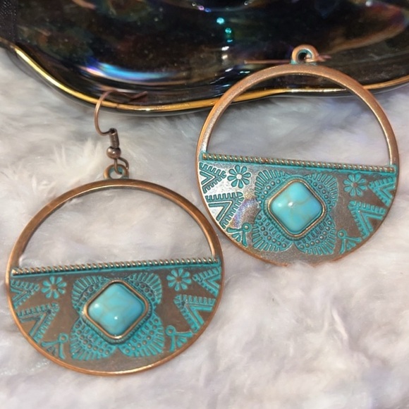 Turquoise Round Drop Earrings - Picture 5 of 5